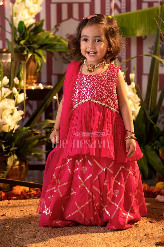 Girls Fuchsia 3-Piece Sharara Set with Sequined Top and Layered Skirt chiffon skirt airy Girls Fuchsia 3-Piece Sharara Set with Sequined Top and Layered Skirt chiffon skirt airy