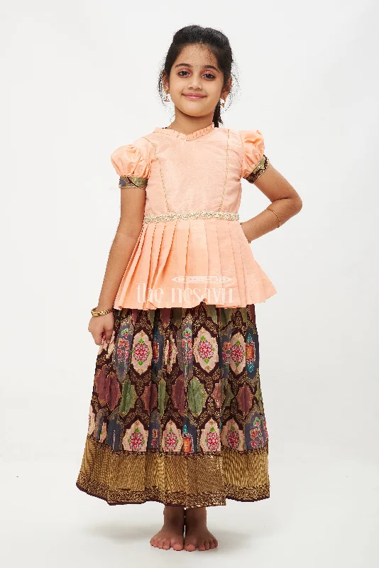 Peach and Green Viscose Silk Peplum Top with Placement Print Skirt for Girls linen skirt breathable
