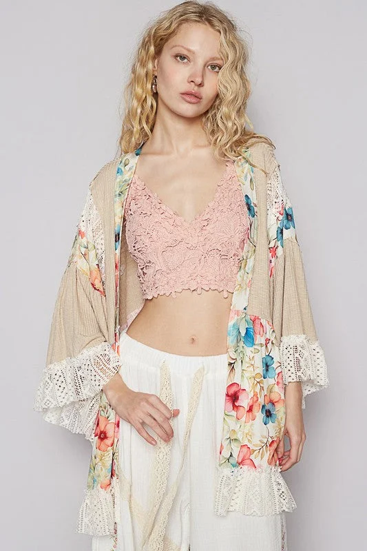 Pol Floral Crochet Detail Open Front 3/4 Sleeve Cardigan Mesh Blend Leather Blend Suede Blend Pol Floral Crochet Detail Open Front 3/4 Sleeve Cardigan Mesh Blend Leather Blend Suede Blend