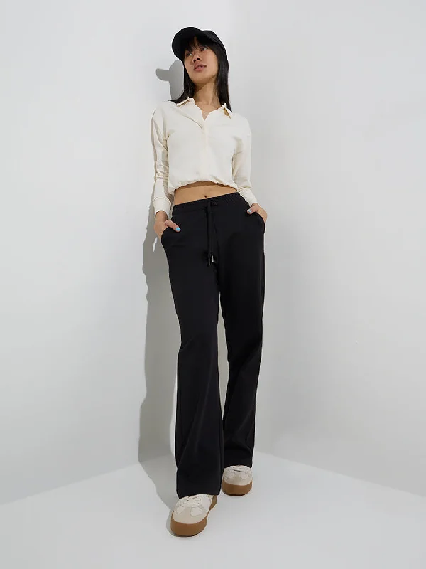 Studiofit Black High-Rise Cotton-Blend Track Pants Modern Bootcut Pants