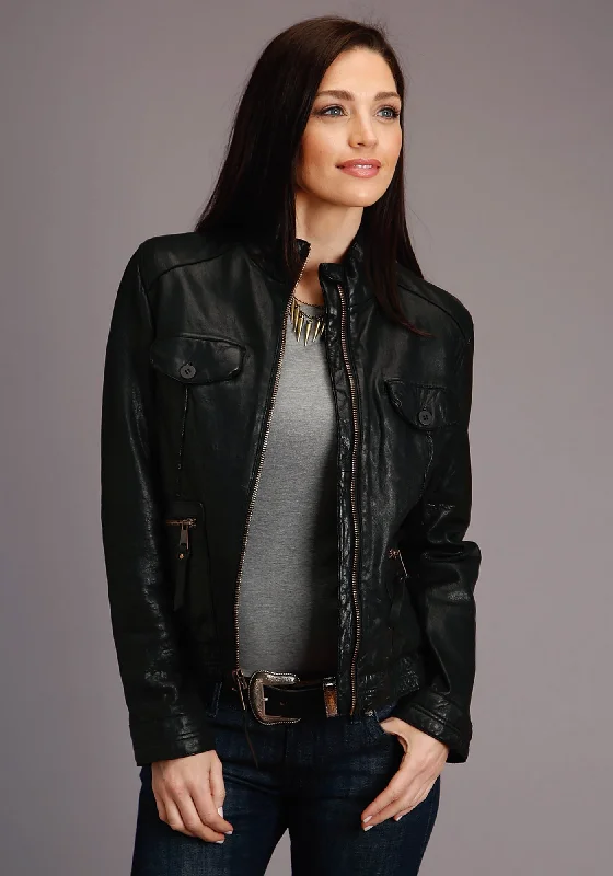 Stetson Womens Black Leather Smooth Pockets Jacket Bomber Jacket Anorak Windbreaker