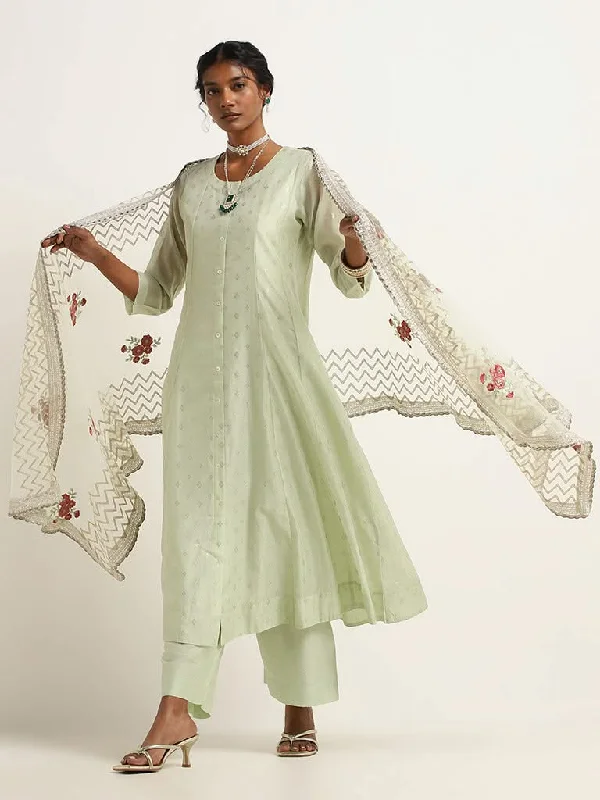 Vark Green Embroidered Kurta, Inner, Pants & Dupatta Set High-Waist Jogger Pants