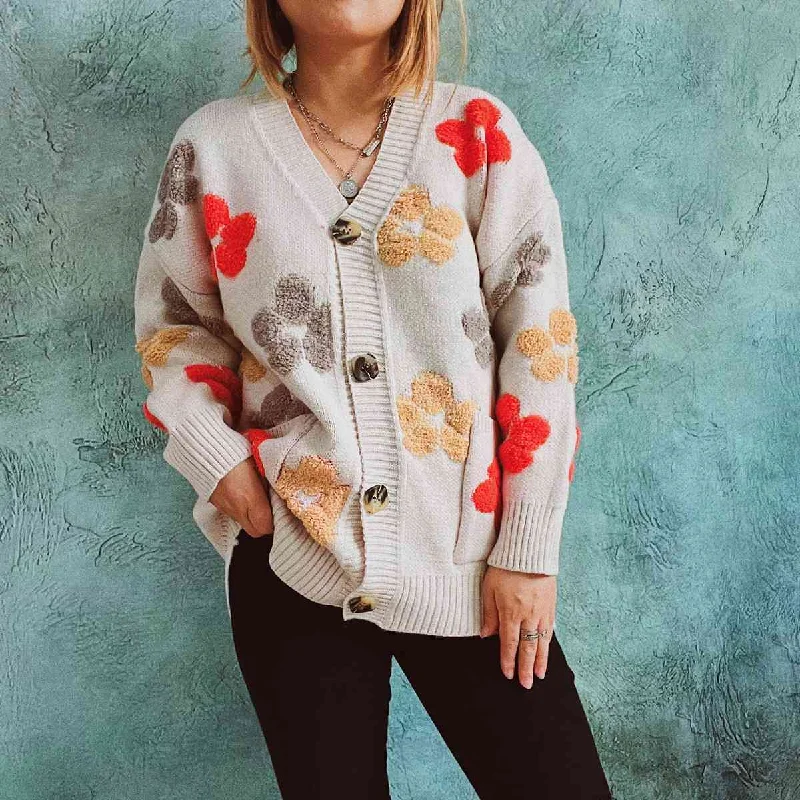 Floral V-Neck Button Up Cardigan with Pockets Chenille Blend Fleece Blend Nylon Blend Floral V-Neck Button Up Cardigan with Pockets Chenille Blend Fleece Blend Nylon Blend