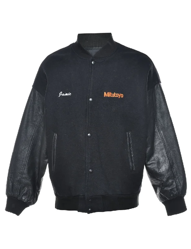 Leather Sleeved Black Team Jacket - L Denim Jacket Leather Jacket Suede Jacket