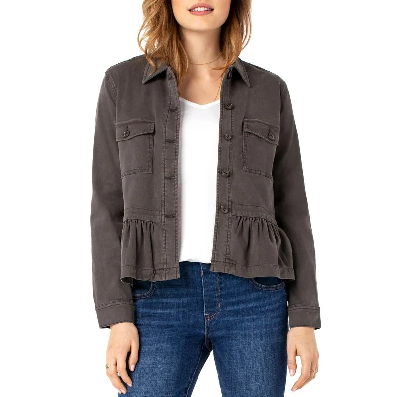 Liverpool Womens Peplum  Trucker Jacket Notch Collar Peter Pan Collar Cowl Neck