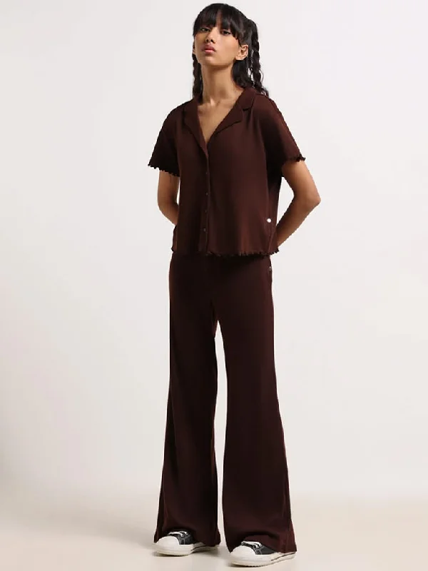 Superstar Brown Cotton Blend Wide-Leg Pants Stylish Slim Trousers