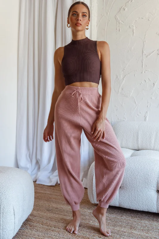 New Soul Drawstring Ribbed Knit Jogger Pants Blush Stylish Harem Pants