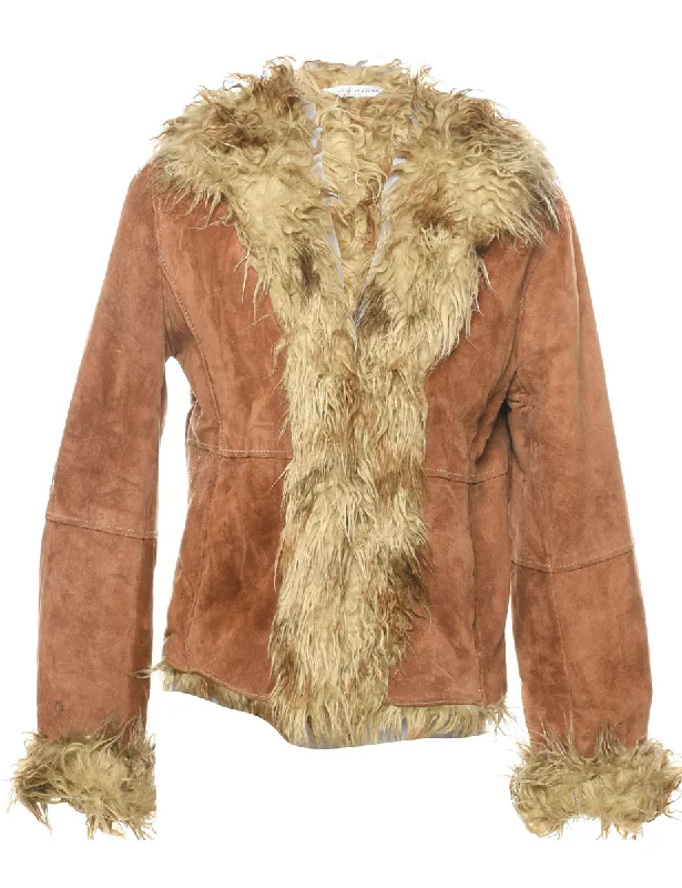 Light Brown Shearling Suede Jacket - M Welt Pockets Slit Pockets Flap Pockets