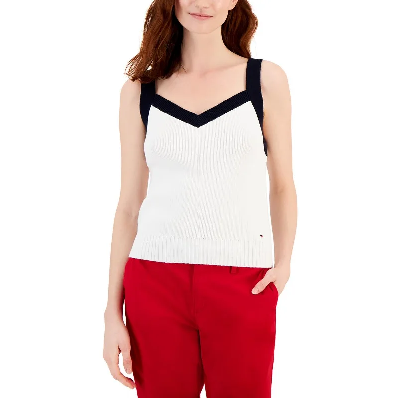 Tommy Hilfiger Womens Color Blocked Ribbed Trim Tank Top open back tank