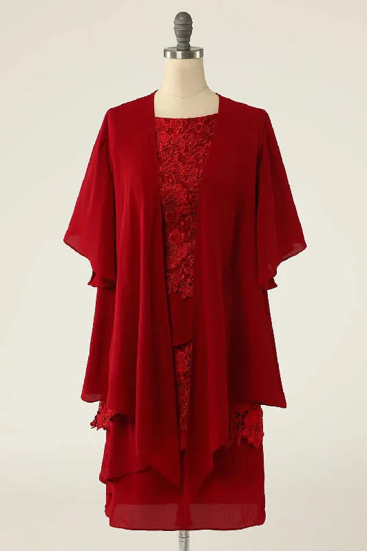 Two-Piece Red Lace Short Mother of the Bride Dress with Snap Cardigan Modern Contemporary chic
