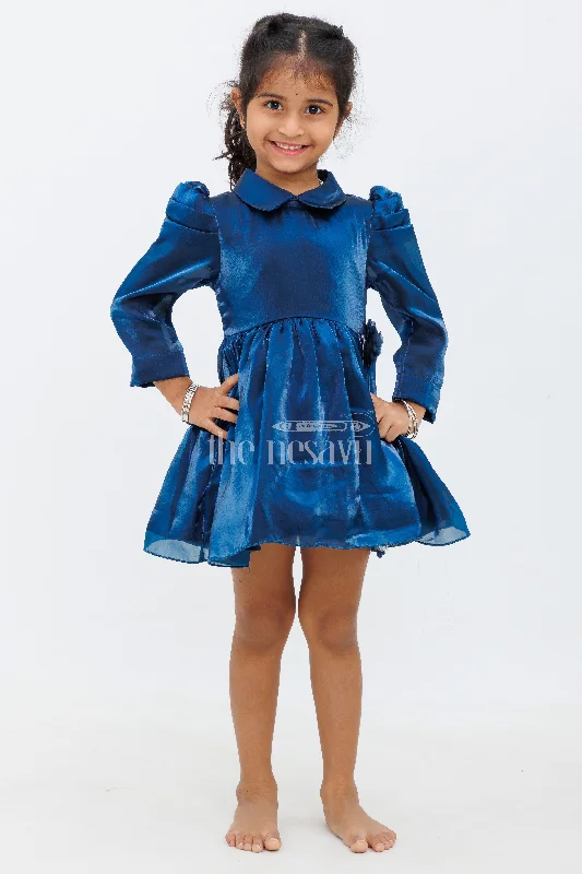 Navy Blue Glaze Organza Bishop Sleeve Party Dress with Cutaway Collar for Girls Tunics Bestseller popular Navy Blue Glaze Organza Bishop Sleeve Party Dress with Cutaway Collar for Girls Tunics Bestseller popular