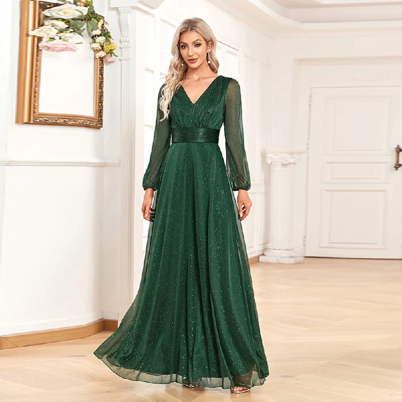Green Chiffon V Neck Long Sleeves Party Dresses/bridesmaid Dresses Tunics Stylish elegant Green Chiffon V Neck Long Sleeves Party Dresses/bridesmaid Dresses Tunics Stylish elegant