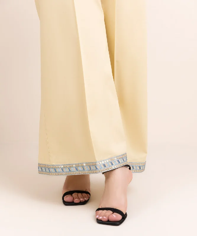 Embroidered Cambric Flared Pants Fashionable Button-Up Pants