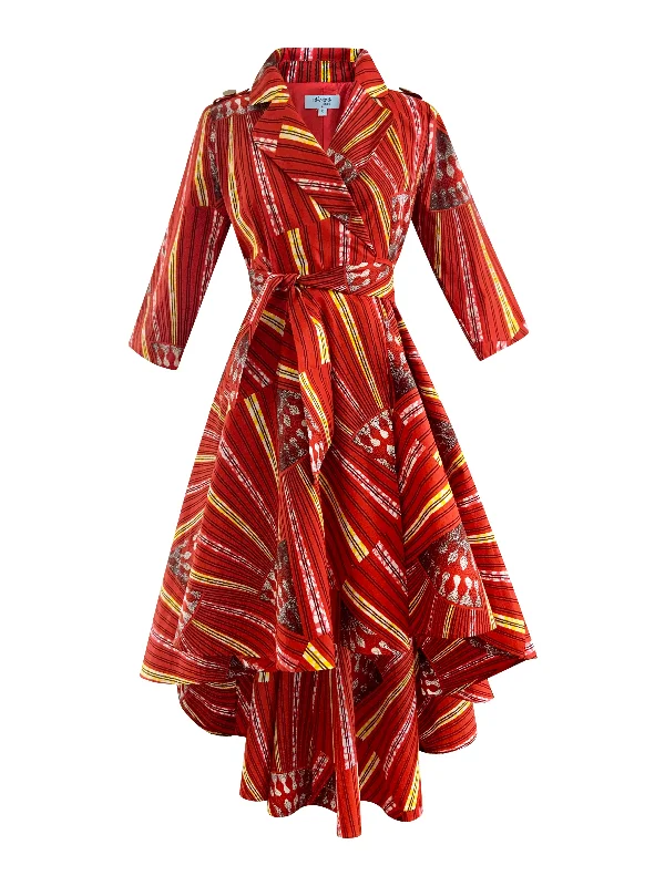 RED HIGH-LOW WRAP DRESS JACKET SALE Welt Pockets Slit Pockets Flap Pockets