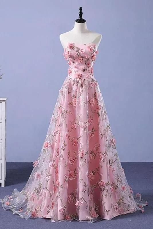 Cheap Pink Dresses A-line Strapless Floral Long Prom Elegant Party Dress Tunics Evening elegant Cheap Pink Dresses A-line Strapless Floral Long Prom Elegant Party Dress Tunics Evening elegant