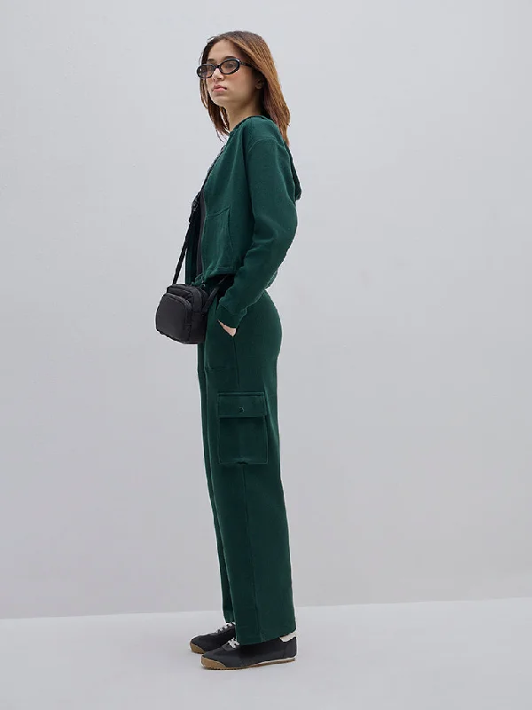 Studiofit Dark Green Textured High-Rise Cotton Track Pants Soft Wool Pants