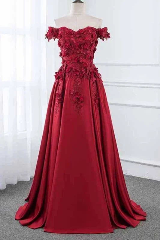 Burgundy Off the Shoulder A Line Satin Prom Dress with Lace Flowers Party Dresses Square Neckline Feminine Burgundy Off the Shoulder A Line Satin Prom Dress with Lace Flowers Party Dresses Square Neckline Feminine