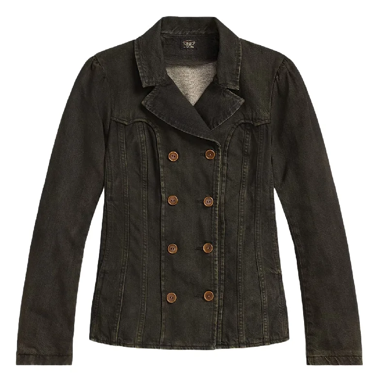 RRL By Ralph Lauren Womens Double-Breasted Black Denim Jacket Worn Black Welt Pockets Slit Pockets Flap Pockets RRL By Ralph Lauren Womens Double-Breasted Black Denim Jacket Worn Black Welt Pockets Slit Pockets Flap Pockets