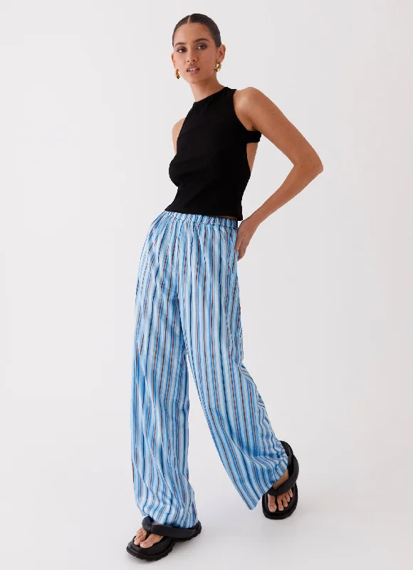 Salta Satin Pants - Blue Stripe Formal Wide-Leg Pants