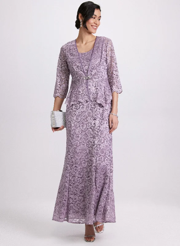 Glitter Lace Dress & Jacket Set Hooded Jacket Caped Jacket Shawl Collar Jacket