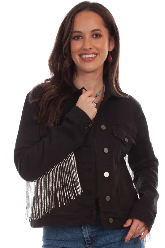 Scully Womens Black Cotton Blend Rhinestone Fringe Denim Jacket Tailored Jacket Straight Jacket A-Line Jacket Scully Womens Black Cotton Blend Rhinestone Fringe Denim Jacket Tailored Jacket Straight Jacket A-Line Jacket