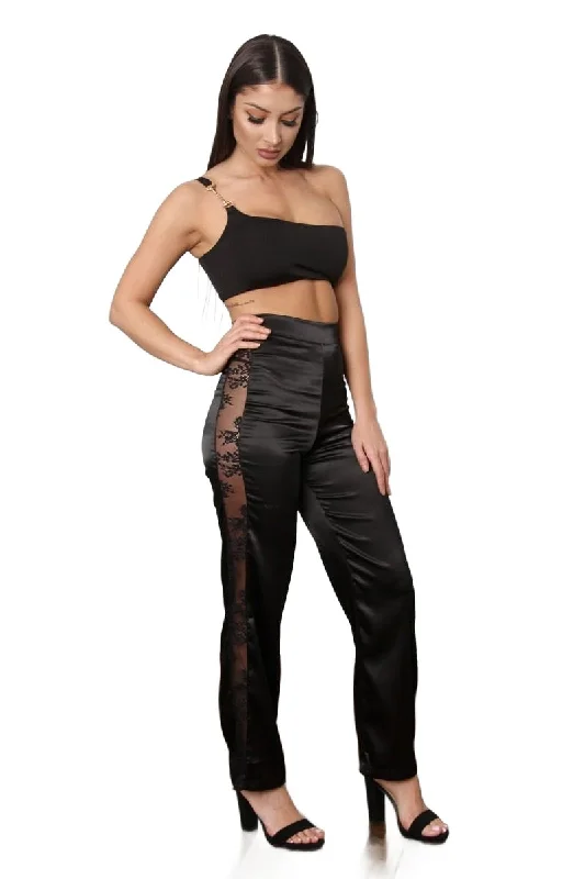 TIC TOC - Hi Waist - Satin Wide Leg Lace Pants Cozy Knit Pants