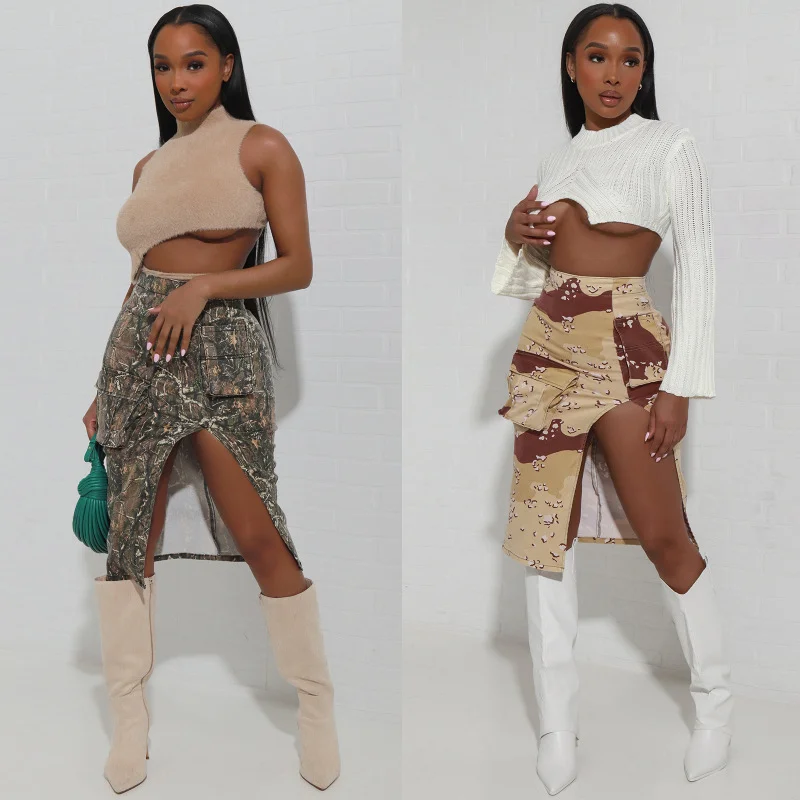 Fashion Women Personalized Camouflage Leaf Print Slit Zipper High Waist Skirt vintage skirt charm Fashion Women Personalized Camouflage Leaf Print Slit Zipper High Waist Skirt vintage skirt charm
