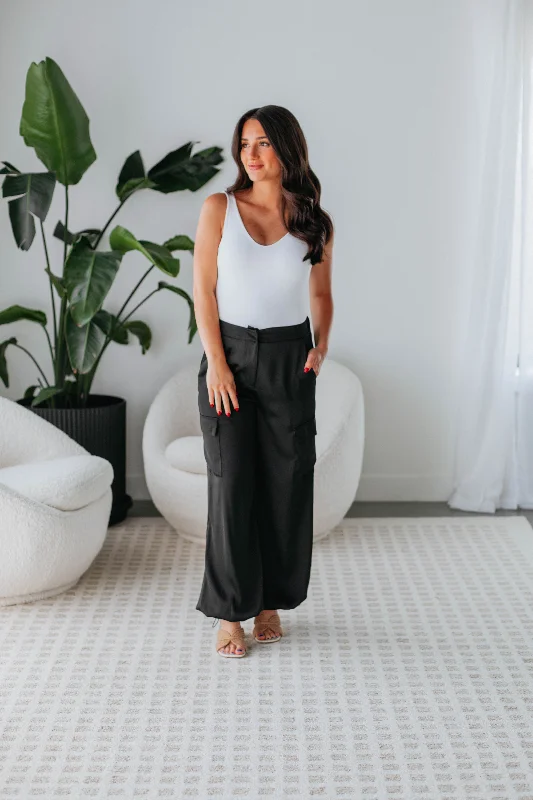 Adara Satin Cargo Pants - Black Cozy Jogger Leggings