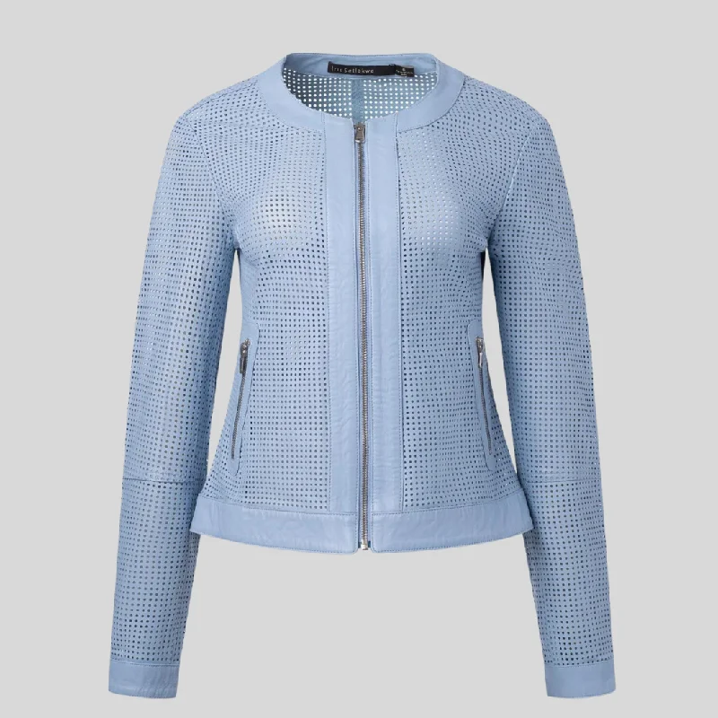 Perforated Soft Leather Biker Jacket - Light Blue Welt Pockets Slit Pockets Flap Pockets Perforated Soft Leather Biker Jacket - Light Blue Welt Pockets Slit Pockets Flap Pockets