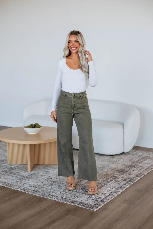 Linsley Wide Leg Pants - Olive Fashionable Tapered Leg Pants