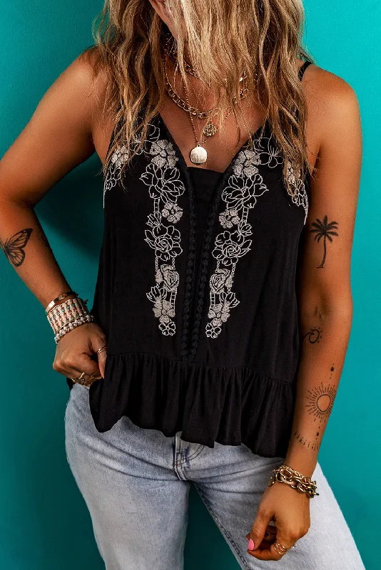 Black Floral Embroidery Ruffled Spaghetti Straps Tank Top soft pink tank