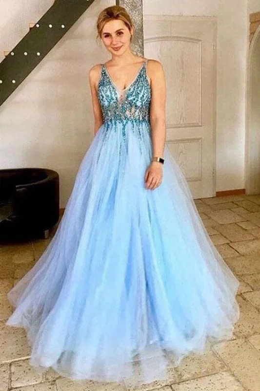 A-Line V-Neck Tulle Prom Dress with Sequins Light Sky Blue Sparkly Party Dresses Tunics Canvas sturdy A-Line V-Neck Tulle Prom Dress with Sequins Light Sky Blue Sparkly Party Dresses Tunics Canvas sturdy