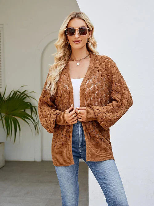 Naomi Openwork Open Front Lantern Sleeve Cardigan Terry Terry Cloth Terry Knit