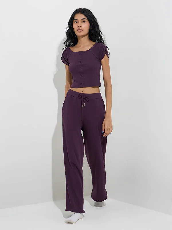 Superstar Plum Ribbed Mid-Rise Cotton Pants Slim Fit Casual Pants