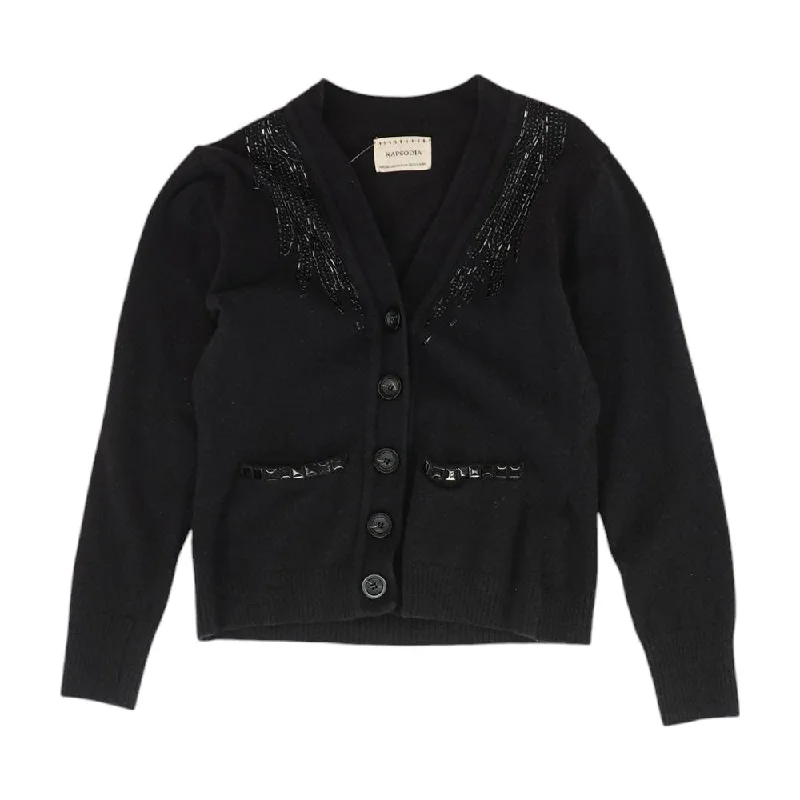 Black Solid Cardigan Sweater Fleece Cardigan Nylon Polyester
