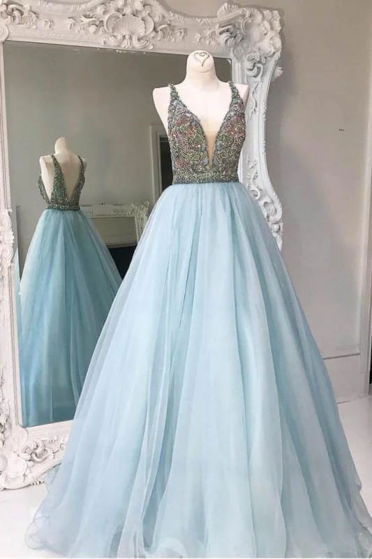 Deep V-neck Light Blue Backless Sleeveless Floor-length Tulle Prom with Beads Party Dress Tunics Ceremony elegant Deep V-neck Light Blue Backless Sleeveless Floor-length Tulle Prom with Beads Party Dress Tunics Ceremony elegant