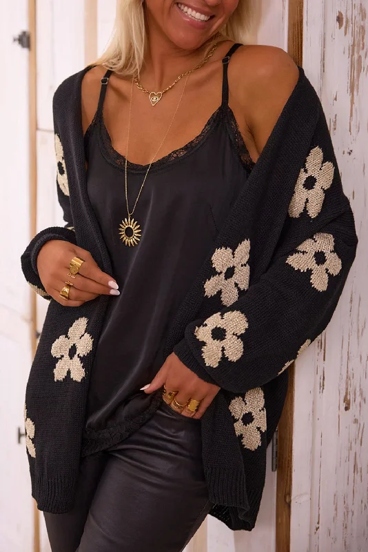 Blue Zone Planet | Black Floral Print Knitted Open Front Loose Cardigan Cardigan Knitwear Sweater Blue Zone Planet | Black Floral Print Knitted Open Front Loose Cardigan Cardigan Knitwear Sweater