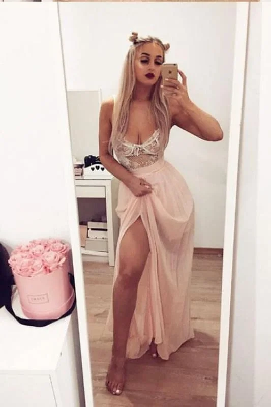 Spaghetti Straps Pink Chiffon Long Prom with Lace Split Party Dresses Tunics stripes playful Spaghetti Straps Pink Chiffon Long Prom with Lace Split Party Dresses Tunics stripes playful