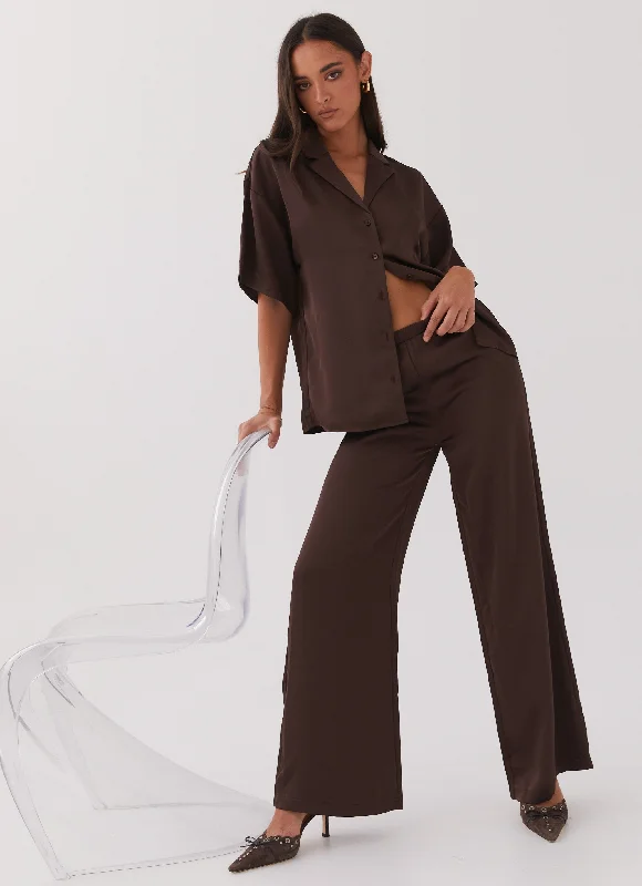 Palm Cove Satin Pants - Chocolate Stretch Fit Pants