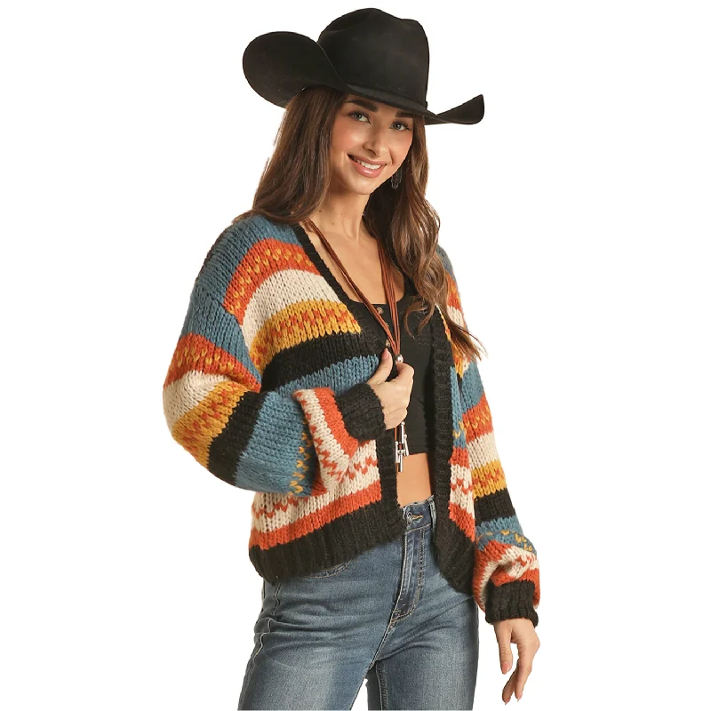 Rock & Roll Cowgirl Ladies Stripe Knit Open Cardigan RRWT95R04U-90 Zippered Buttoned Snapped Rock & Roll Cowgirl Ladies Stripe Knit Open Cardigan RRWT95R04U-90 Zippered Buttoned Snapped