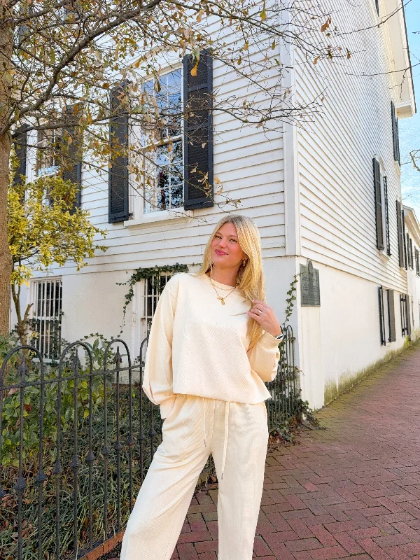 Sadie & Sage - White Noise Balloon Sleeve Sweatshirt & Drawstring Wide Leg Pant SET Soft Wool Pants