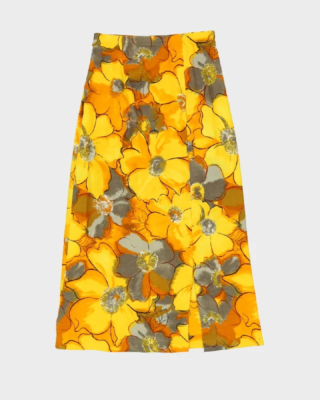 Vintage 1970s Yellow Patterned Maxi Skirt - S chiffon skirt floaty