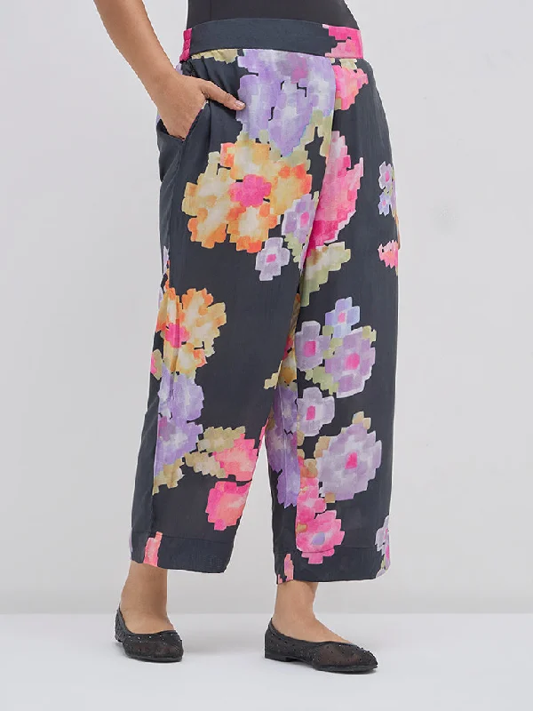 Diza Black Floral Printed High-Rise Ethnic Pants Elegant Dress Pants
