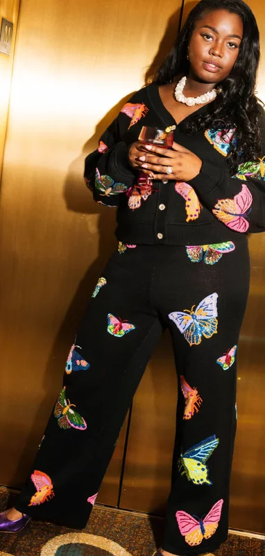 Queen of Sparkles Black Big Butterfly Pants Cozy Fitted Pants