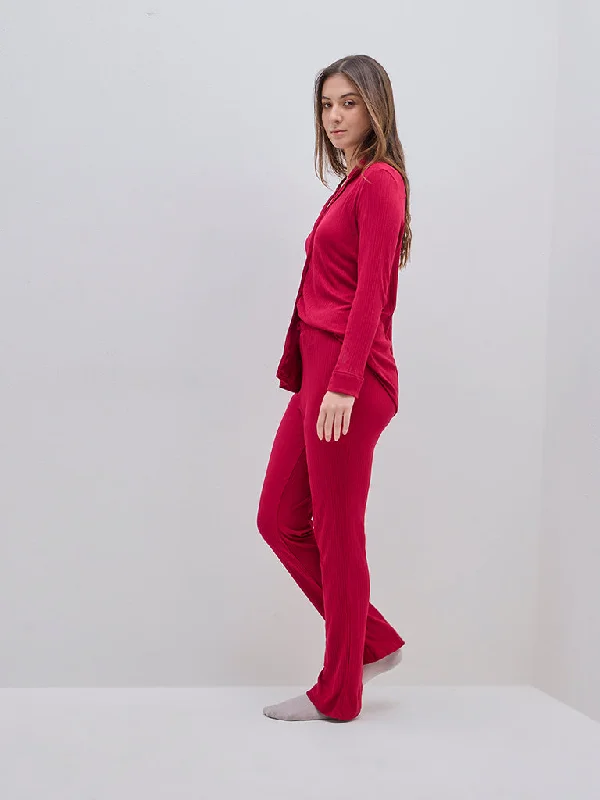 Wunderlove Red Supersoft Modal Ribbed Lounge Pants Casual Sweatpants Style