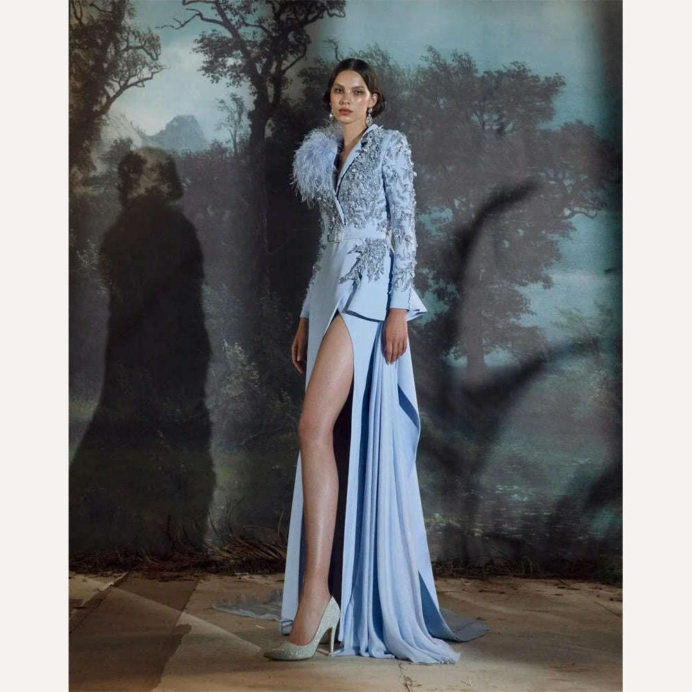 Ostrich Feather Wrap Women Long Prom Dress With Belt Luxury Appliqued Beads Evening Party Gowns Side Split Jacket Custom Made Trench Coat Raincoat Waterproof Jacket Ostrich Feather Wrap Women Long Prom Dress With Belt Luxury Appliqued Beads Evening Party Gowns Side Split Jacket Custom Made Trench Coat Raincoat Waterproof Jacket