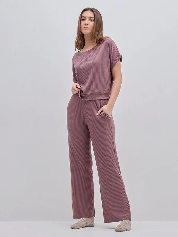 Wunderlove Mauve Ribbed High-Rise Cotton-Blend Lounge Pants High-Waist Jeans