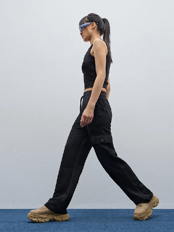 Studiofit Black Textured High-Rise Track Pants Comfy Zip-Up Pants