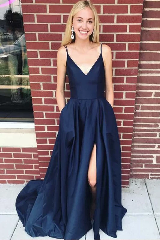 Navy Prom Dress with Slit, Evening Gown, Graduation School Party Dress, Winter Formal Dress Tunics Trendy modern Navy Prom Dress with Slit, Evening Gown, Graduation School Party Dress, Winter Formal Dress Tunics Trendy modern