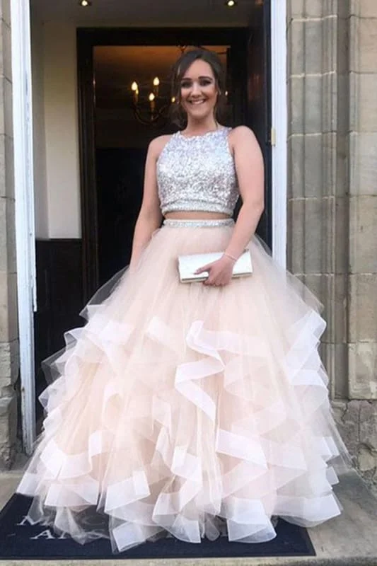 Sleek Best Sparkly Two Piece Long Prom Dress with Open Back Sequined Tulle Party Dresses Tunics Chic elegant Sleek Best Sparkly Two Piece Long Prom Dress with Open Back Sequined Tulle Party Dresses Tunics Chic elegant